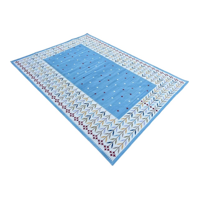 Handmade Cotton Rug, Natural Vegetable Dyed Cream, Blue, Beige and Red Leaf Rug - 9'x12' For Sale