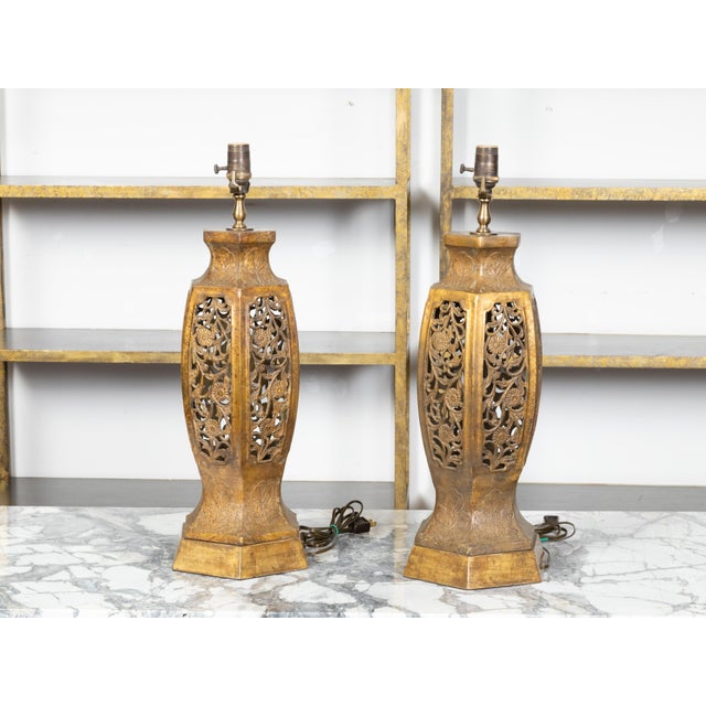 Mid 20th Century Mid 20th Century Asian MidCentury Us-Wired Table Lamps with Carved Openwork Floral Motifsv - a Pair For Sale - Image 5 of 9