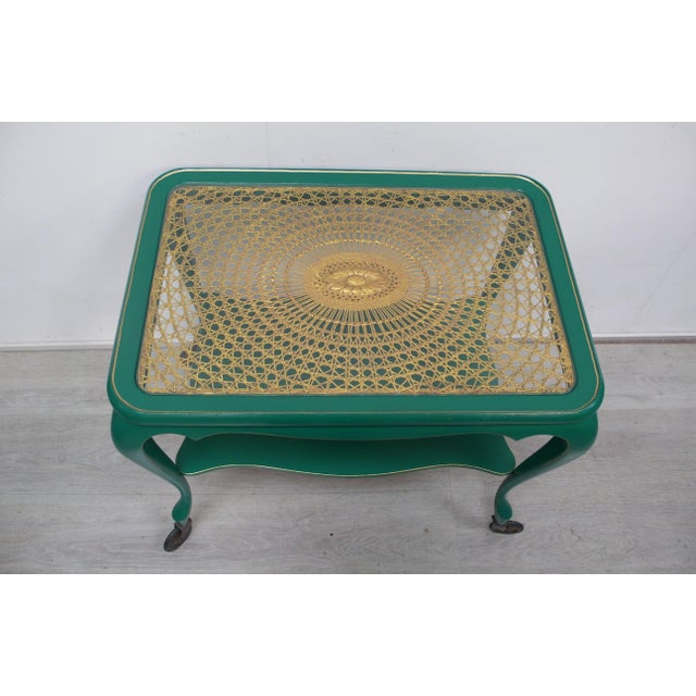 Chippendale Style Side Table on Wheels with Vienna Style Rattan and Glass Table Top, 1930s For Sale - Image 3 of 6