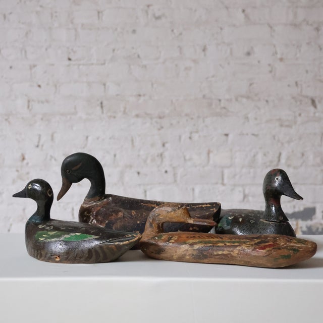 Set of four 19th-century French duck decoys, hand-carved and hand-painted from wood. Each piece showcases unique...