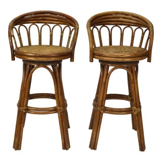 Vintage Palm Beach Rattan Bentwood Bar Stools - A Pair For Sale