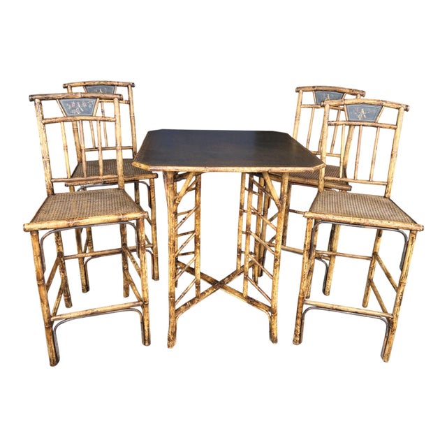 Chinoiserie 1960s Asian Pagoda Style Bamboo Table & Four Stools With Scenic Painted Panels For Sale - Image 3 of 15