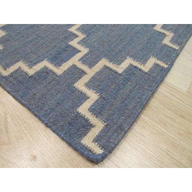 10x14 Blue Flat Weave Wool Stepped Diamond Lattice Geometric Modern Carpet Rug For Sale In New York - Image 6 of 8
