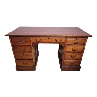 Antique Edwardian Knee Hole Writing Desk with Red Leather Top, 1910s For Sale