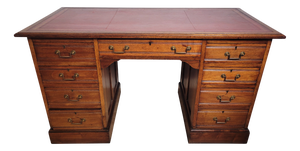 Antique Edwardian Knee Hole Writing Desk with Red Leather Top, 1910s
