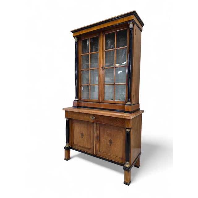 Wood Antique Biedermeier Style Walnut Bookcase Vitrine For Sale - Image 7 of 9