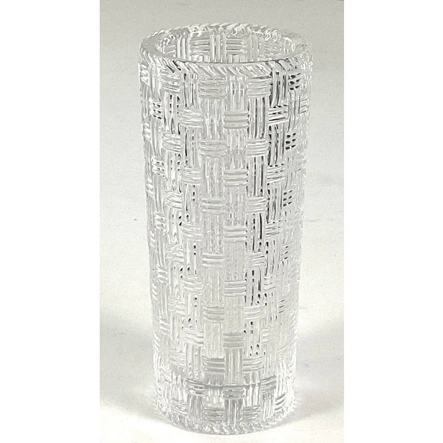Tiffany and Co. 1970s Tiffany & Co.-– Signed, 8 Inch Crystal, Basket, Weave, Cylinder Shaped Vase-Mint For Sale - Image 4 of 7