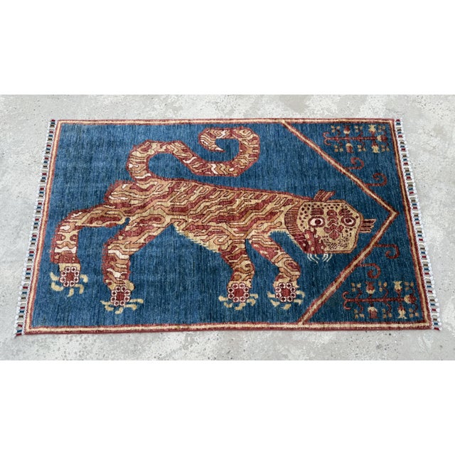 Blue Gold Hand Knotted Tibetan Tiger Pictorial Wool Rug, 03'01 X 04'08 For Sale - Image 4 of 10