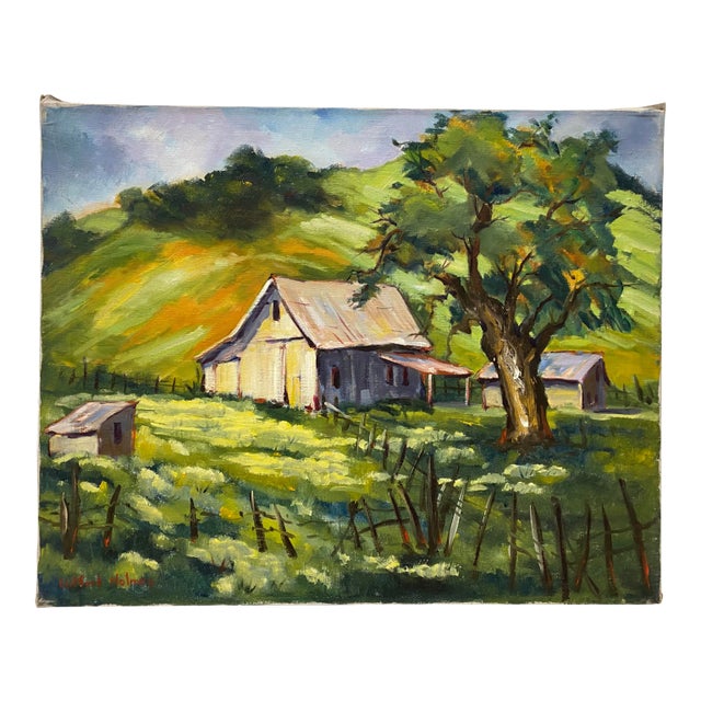 Clifford Holmes Rolling Hills Country Landscape W/ Barn and Oak Tree C.1950 For Sale