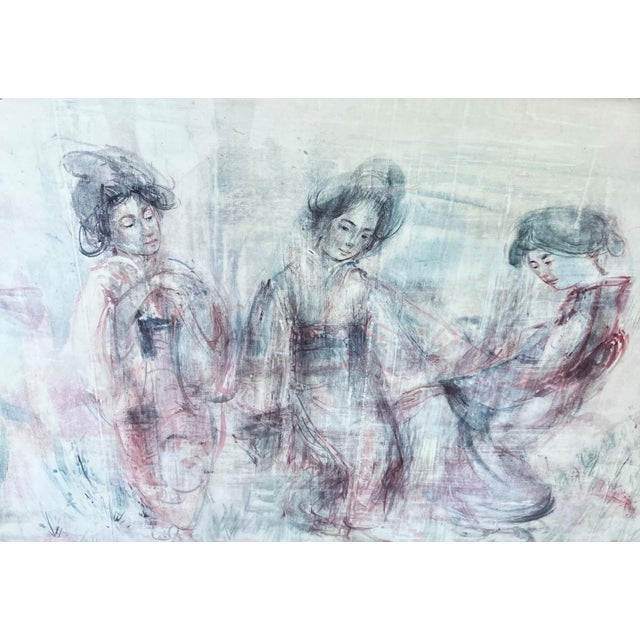 Late 20th-Century “Geisha Girls” Faux Bamboo Frame Lithograph Reproduction Under Glass by Edna Hibel For Sale - Image 9 of 16