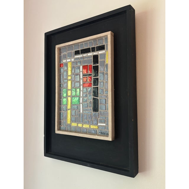 Very folky and cool mosaic collage, signed by listed artist Robert Cooke from the 1960s. Lots of dimensions in the glaze...