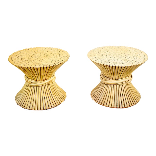 Pair 1970s Sheaf of Wheat Rattan Side Tables, McGuire For Sale