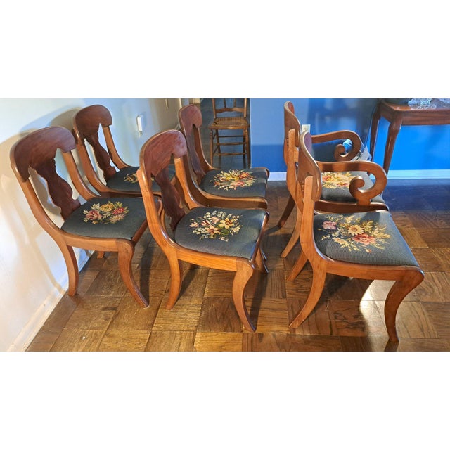 Traditional Set of 6 Hickory Chair–Style American Empire Dining Chairs With Unique Floral Needlepoint For Sale - Image 3 of 12