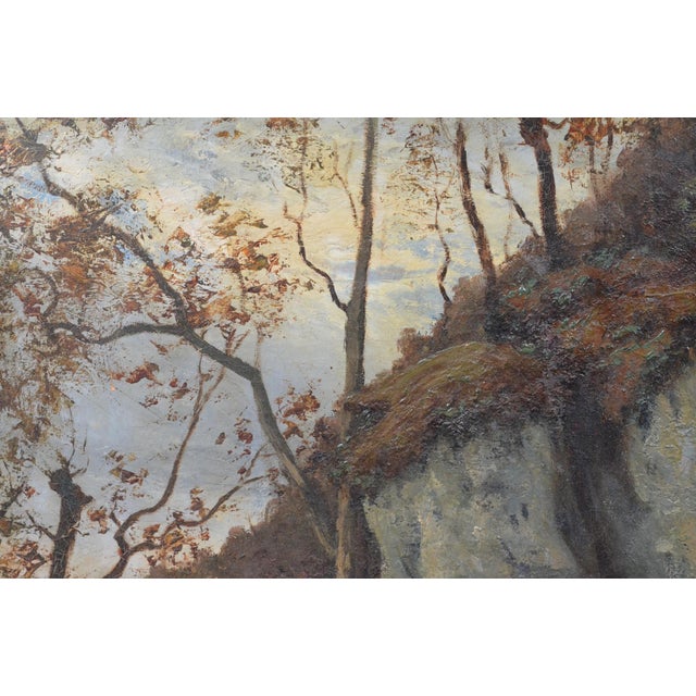 Antique French Woodland Landscape Oil Painting With Rocks and Stream For Sale - Image 9 of 12