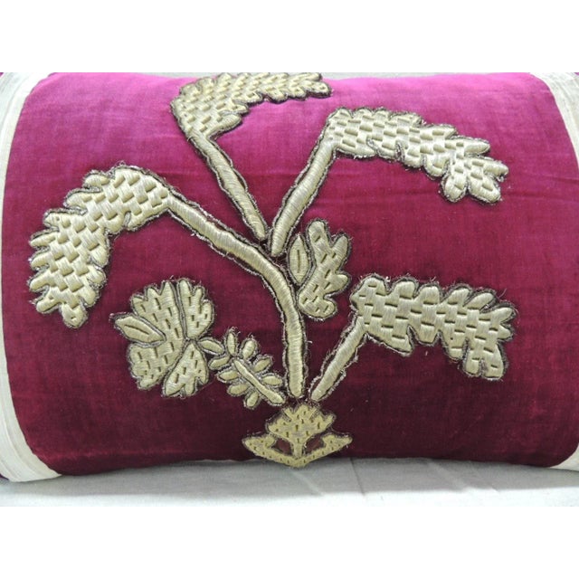 Antique red silk velvet applique bolster decorative pillow. 18th century metallic threads Persian embroidery applied onto...