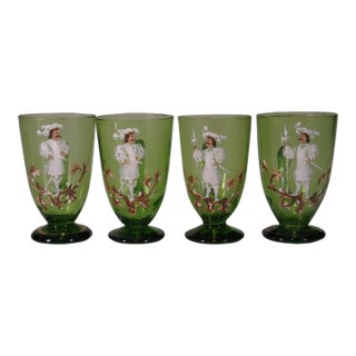Tea Glass Cups Karl Moser Style Hand Panted Enamel Renaissance Guardsmen Green - Set of 4 For Sale