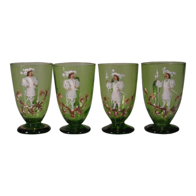 Tea Glass Cups Karl Moser Style Hand Panted Enamel Renaissance Guardsmen Green - Set of 4 For Sale