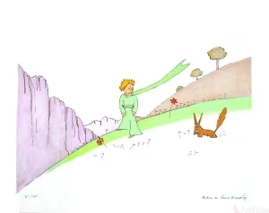 2008 Antoine De Saint Exupery 'Le Petit Prince Et Le Renard (Lg)' Modernism Green,White,Brown,Pink,Pastel,Red France Lithograph