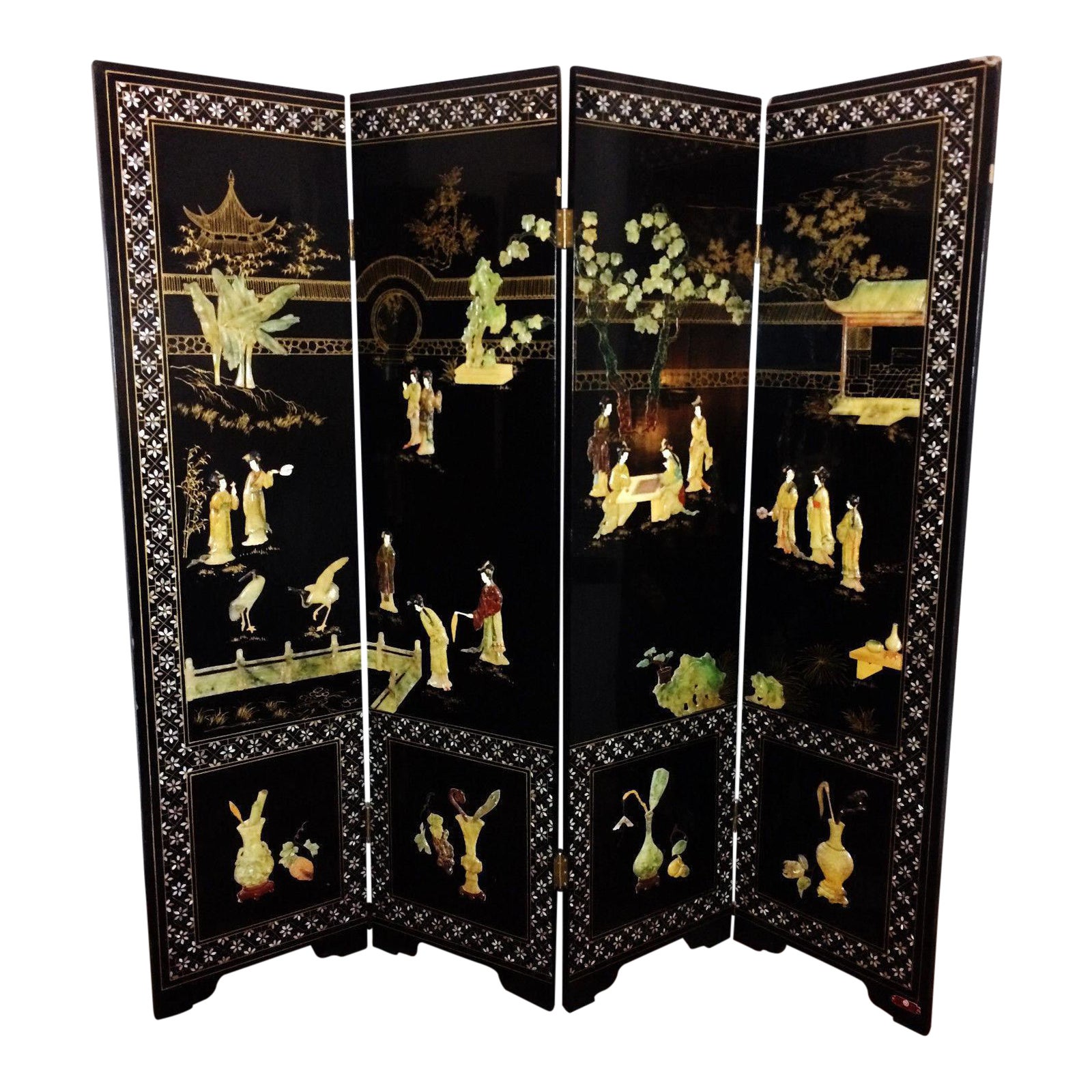 Vintage Chinese Carved Stone Jade Lacquer 4 Panel Dressing Screen Room