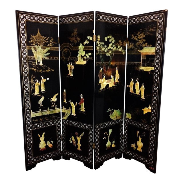 Vintage Chinese Carved Stone Jade Lacquer 4 Panel Dressing Screen Room