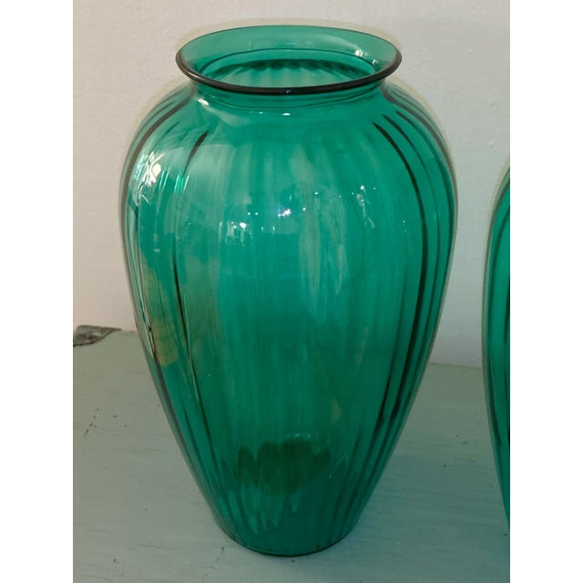 Anchor Hocking Anchor Hocking Teal Green Glass Vases - A Pair For Sale - Image 4 of 10