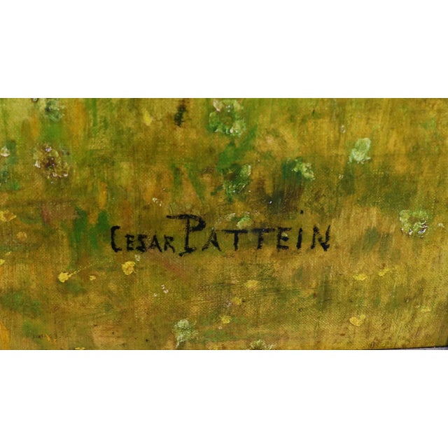 Green Oil on Canvas "Feeding the Birds" by César Pattein ( French 1850 - 1931) For Sale - Image 8 of 12