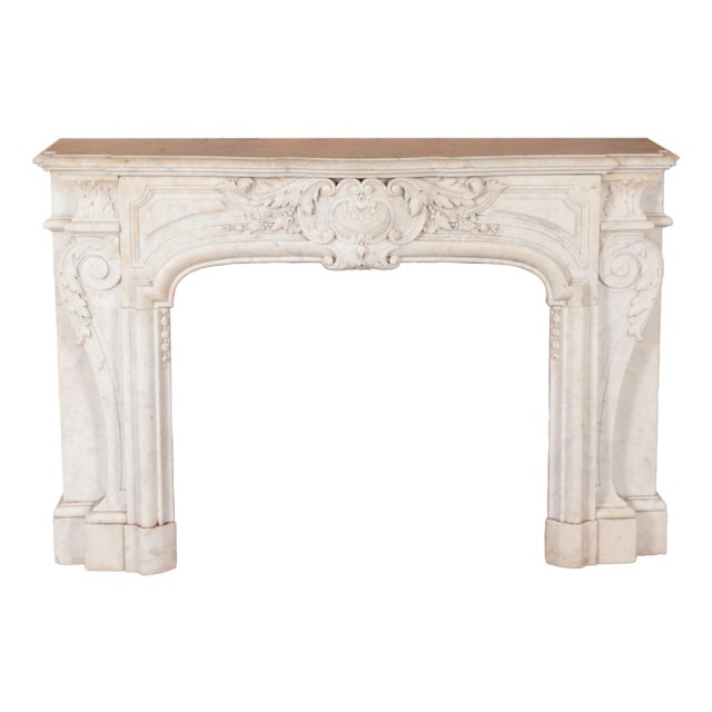 Antique Marble Fireplace Mantel - French Rococo Style Pure White Marble, C. 1840 For Sale