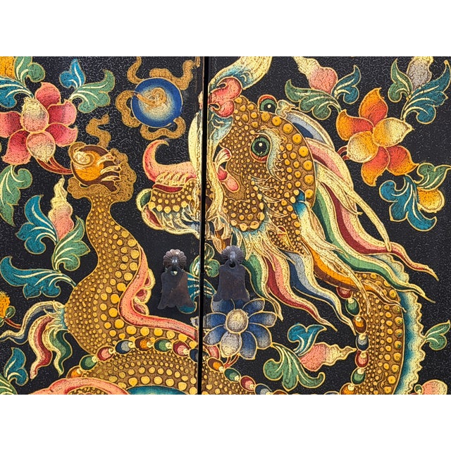 Oriental Tibetan Style Golden Dragon Graphic Tall Slim Storage Cabinet For Sale - Image 14 of 15