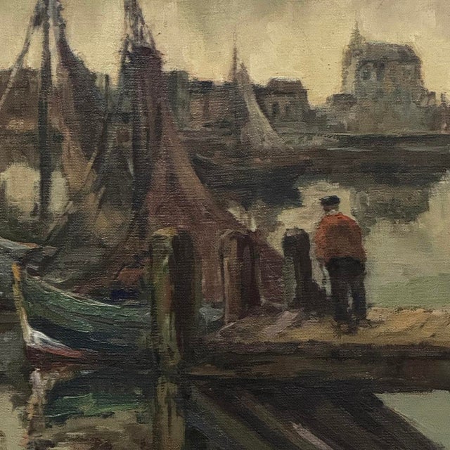 Antique Framed Oil Painting on Canvas by A. Sengier (1886-1964) 'Sailboats at the Quay' For Sale - Image 11 of 16