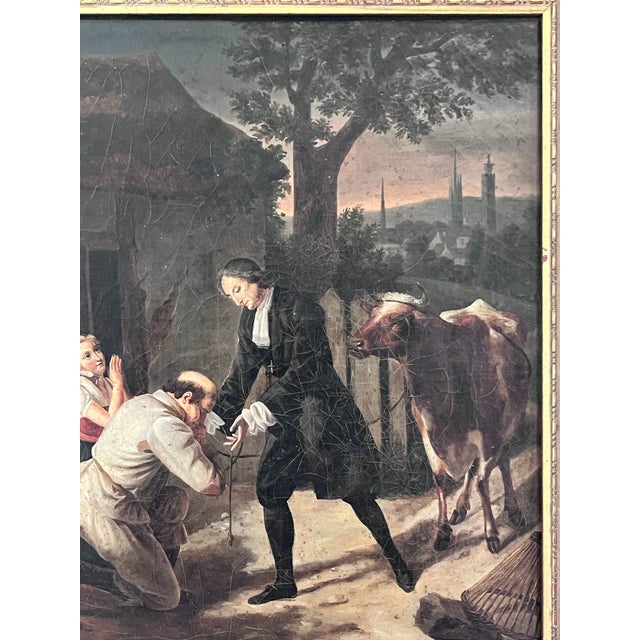 Dark Gray Antique European Oil on Canvas Genre Painting in Ornate Carved Frame For Sale - Image 8 of 12