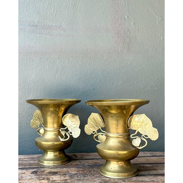 Late 20th Century Vintage Brass Ginko Motif Vases - A Pair For Sale - Image 5 of 16