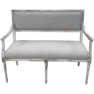 1990s Vintage Painted Louis XVI Style Distressed Painted Hall Bench Settee For Sale