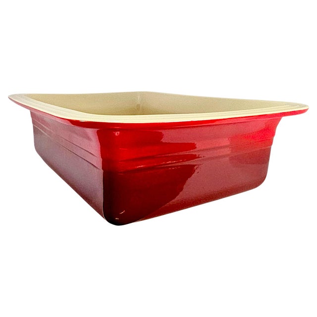 Vintage French Le Creuset Cerise Enameled Cast-Iron Rectangular Roaster For Sale - Image 4 of 12