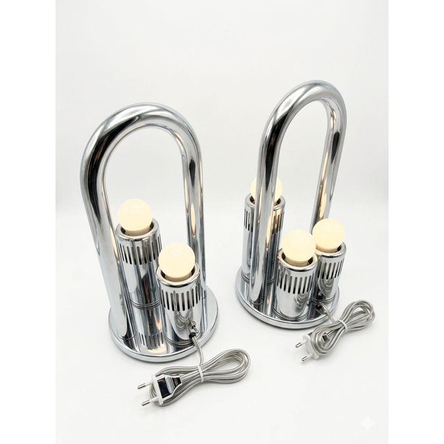 Mid-Century Modern Space Age Chrome Table Lamps, 1970s, Set of 2, in Good conditions. Designed 1970 to 1979 European Plug...