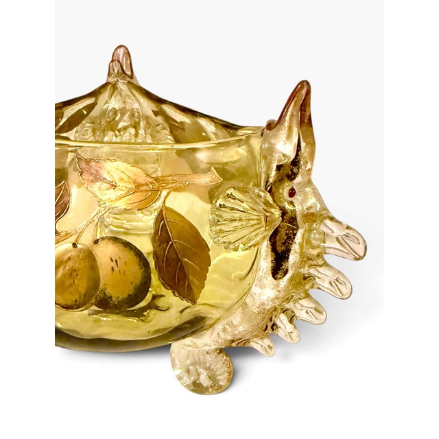 Antique Zoomorphic Amber Glass Bowl With Three Fish and Enamel Decoration, Attributed to Auguste Jean, Moser Style C. 1880 For Sale - Image 11 of 14