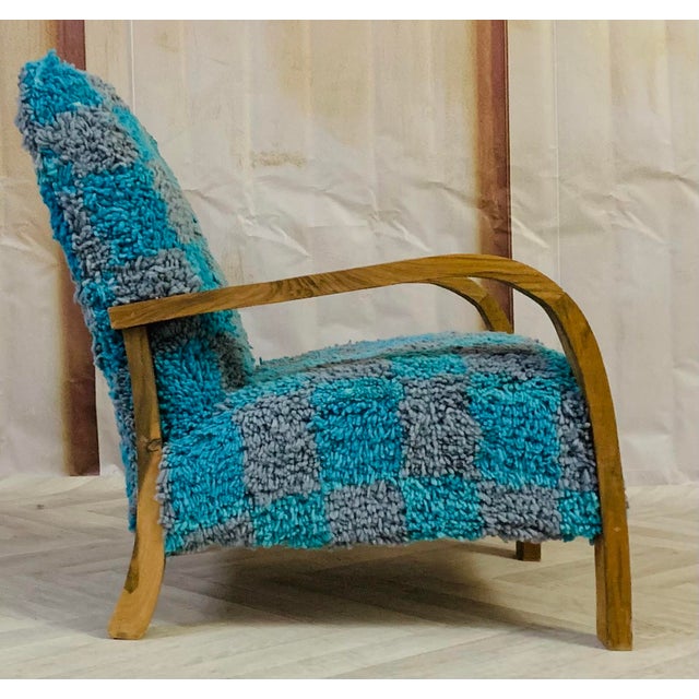 Moroccan Handmade Moroccan Checkered Blue Turquoise and Gray Wool Chair For Sale - Image 3 of 10
