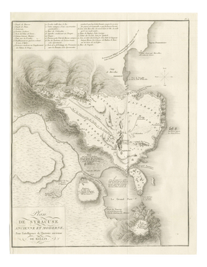 Plan of Ancient and Modern Syracuse with Numbered Key from Rollin Atlas, 1818