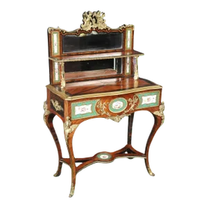 Linke Style Antique Ladies Vanity with Porcelain Plaques Bronze Figures