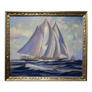 Late 20th Century r.m. White Vintage Oil Painting on Canvas Seascape, Sailing Ship in the Ocean, Framed
