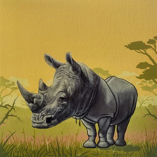 Masks We Wear, Wanting to Grow by 3rd Version (Ben Patterson) | Oil on cradled panel Rhino in a suit For Sale