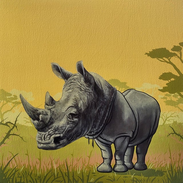 Masks We Wear, Wanting to Grow by 3rd Version (Ben Patterson) | Oil on cradled panel Rhino in a suit For Sale