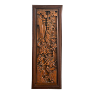 Striking Vintage Chinese Teak Relief Carving Wall Panel Chinoiserie Hollywood Regency Asian Wall Sculpture