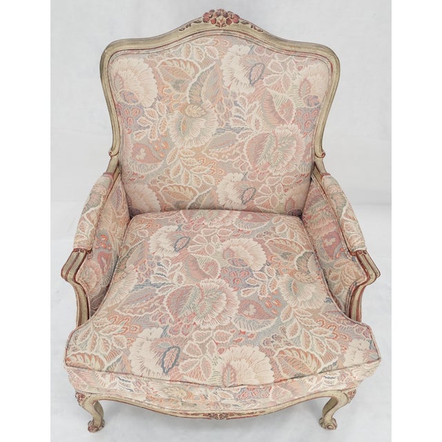 French Provincial Country French Carved Upholstered Lounge Club Chair c1960s Wide Comfortable Seat For Sale - Image 3 of 7