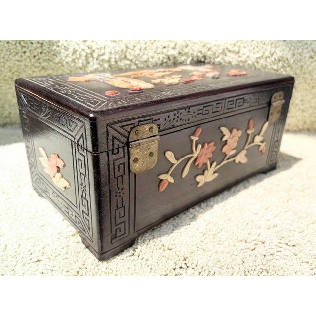 Antique Chinese Carved Rosewood Box With Figurines & Working Lock For Sale In Los Angeles - Image 6 of 9