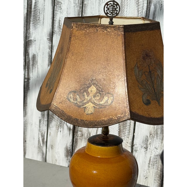 1940s Eggyolk Chinese &Terracotta Color Lamp With Custom Floral With Hand Painted Parchment Shade For Sale - Image 14 of 18
