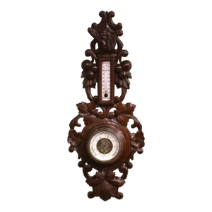 19th Century French Forest Carved Oak Barometer and Thermometer With Dog Motif