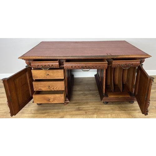 Antique French Style Oak Double Sided Carved Pedestal Desk For Sale - Image 5 of 18