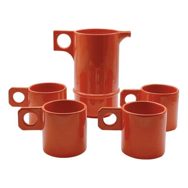 Il Picchio Orange Ceramic Cups with Jug, Italy, 1970s, Set of 5 For Sale