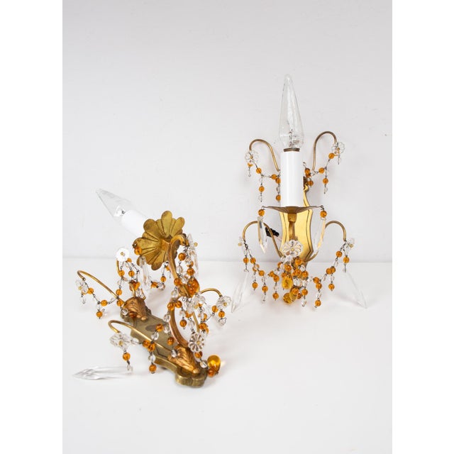French Wall Sconces in Brass and Amber Crystals, 1960s, Set of 2 For Sale - Image 10 of 10