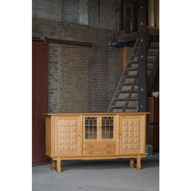 Danish Oak Sideboard with Leaded Glass Doors by Henning Kjærnulf, Denmark, 1960s For Sale - Image 13 of 18